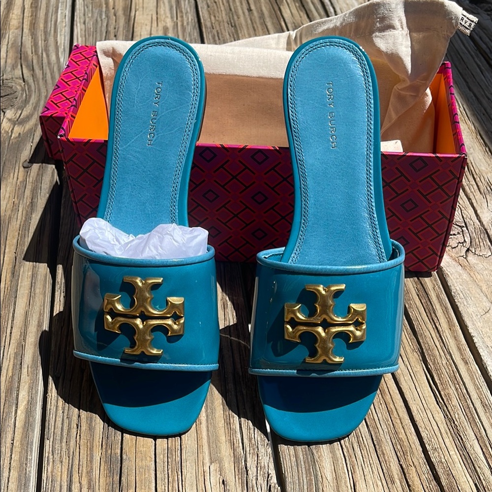 Tory Burch Teal Eleanor Slides with Gold Emblem
